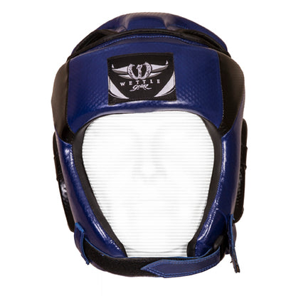 CASQUE DE BOXE COMPÉTITION OUVERT EN PU “CARBON” BLEU – WETTLE GEAR