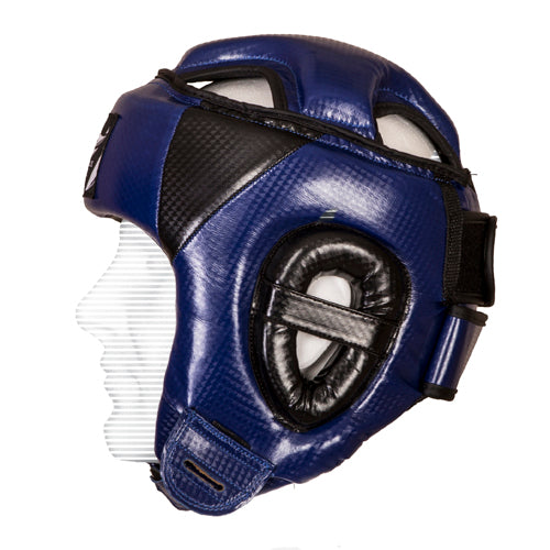 CASQUE DE BOXE COMPÉTITION OUVERT EN PU “CARBON” BLEU – WETTLE GEAR